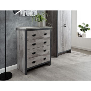 Grey distressed wood effect four-drawer chest with black handles