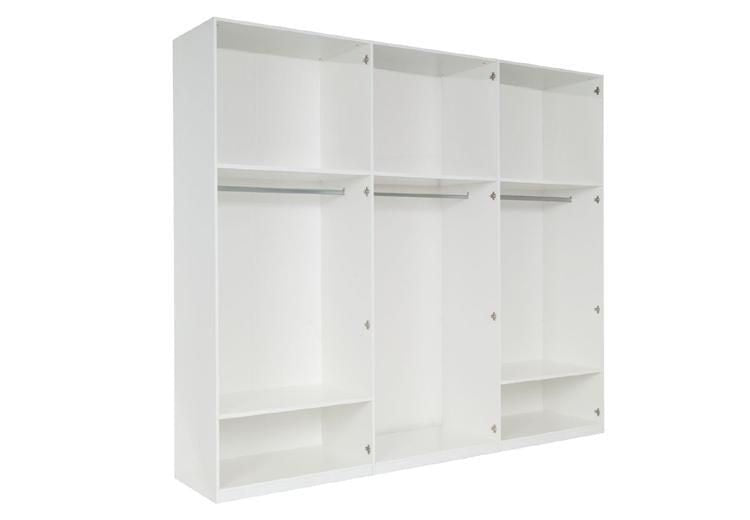 White gloss six-door wardrobe interior view showing shelves and hanging rails