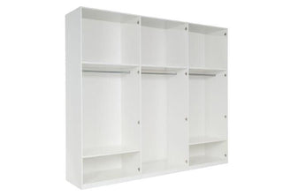 White gloss six-door wardrobe interior view showing shelves and hanging rails