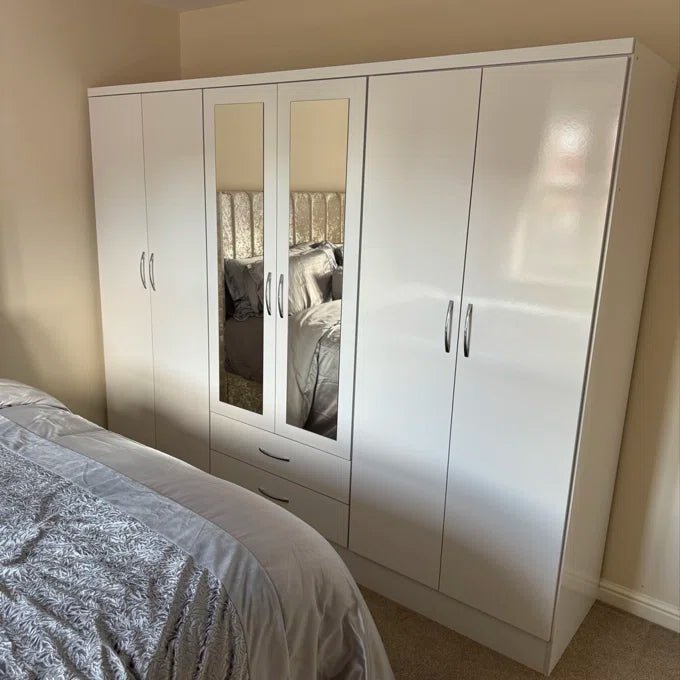CHOICEWARDROBE white 6-door high-gloss wardrobe with two mirrored central doors and drawers