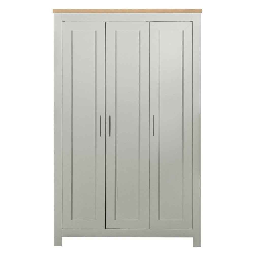 Grey 3-door wardrobe with oak-effect top and vertical panel detailing