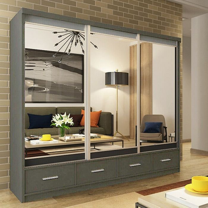 CHOICEWARDROBE NEWRY 250cm grey sliding door wardrobe with 3 mirrored doors reflecting a living room.