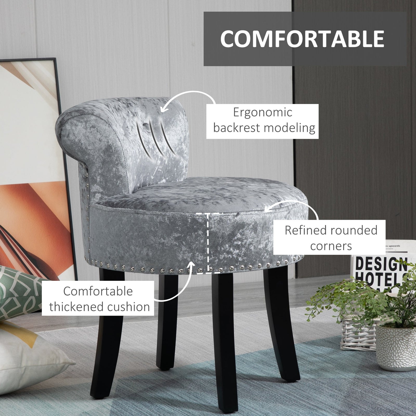 homcom dressing table stool with rubber wood legs ice velvet vanity stool for living room bedroom grey