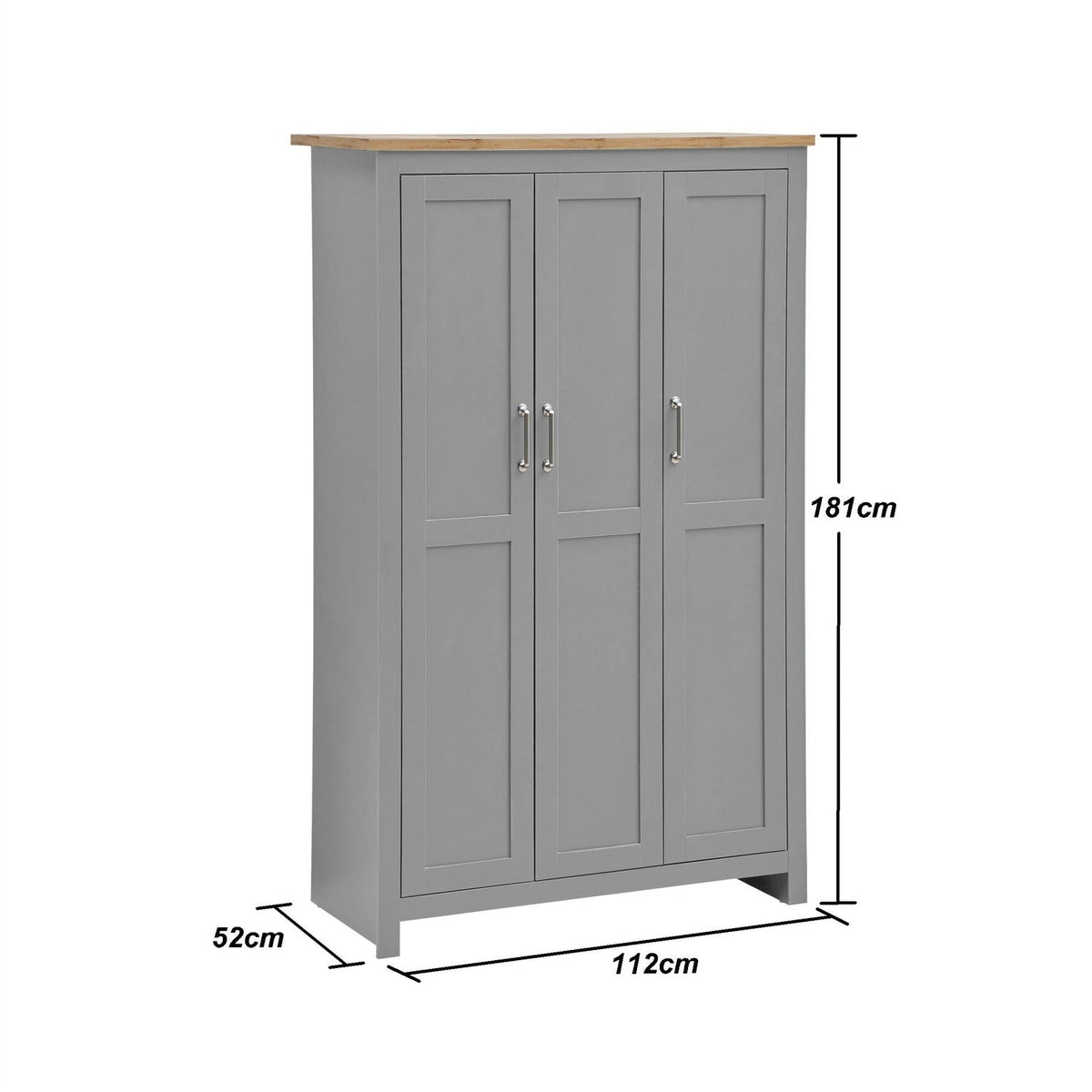 CHOICEWARDROBE Lisbon 112cm 3 Door Wardrobe in Light Grey with Oak Effect Top