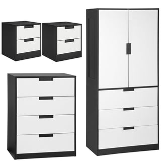 homcom bedroom furniture set wardrobe with hanging rod 4 drawer chest of drawers 2 bedside tables with storage white and black