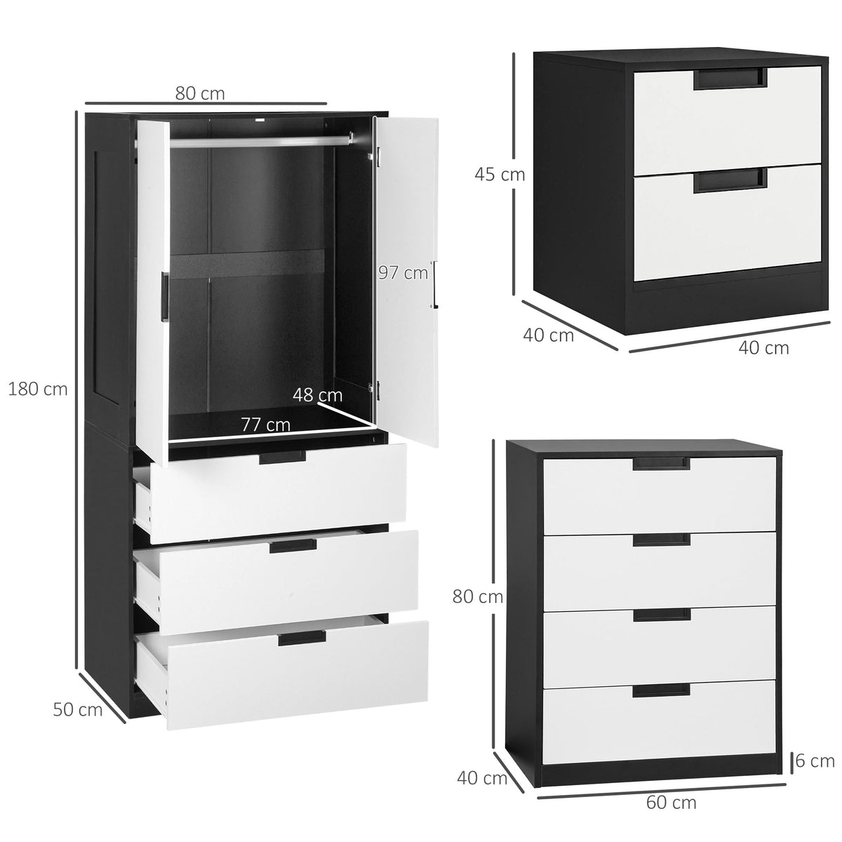 homcom bedroom furniture set wardrobe with hanging rod 4 drawer chest of drawers 2 bedside tables with storage white and black