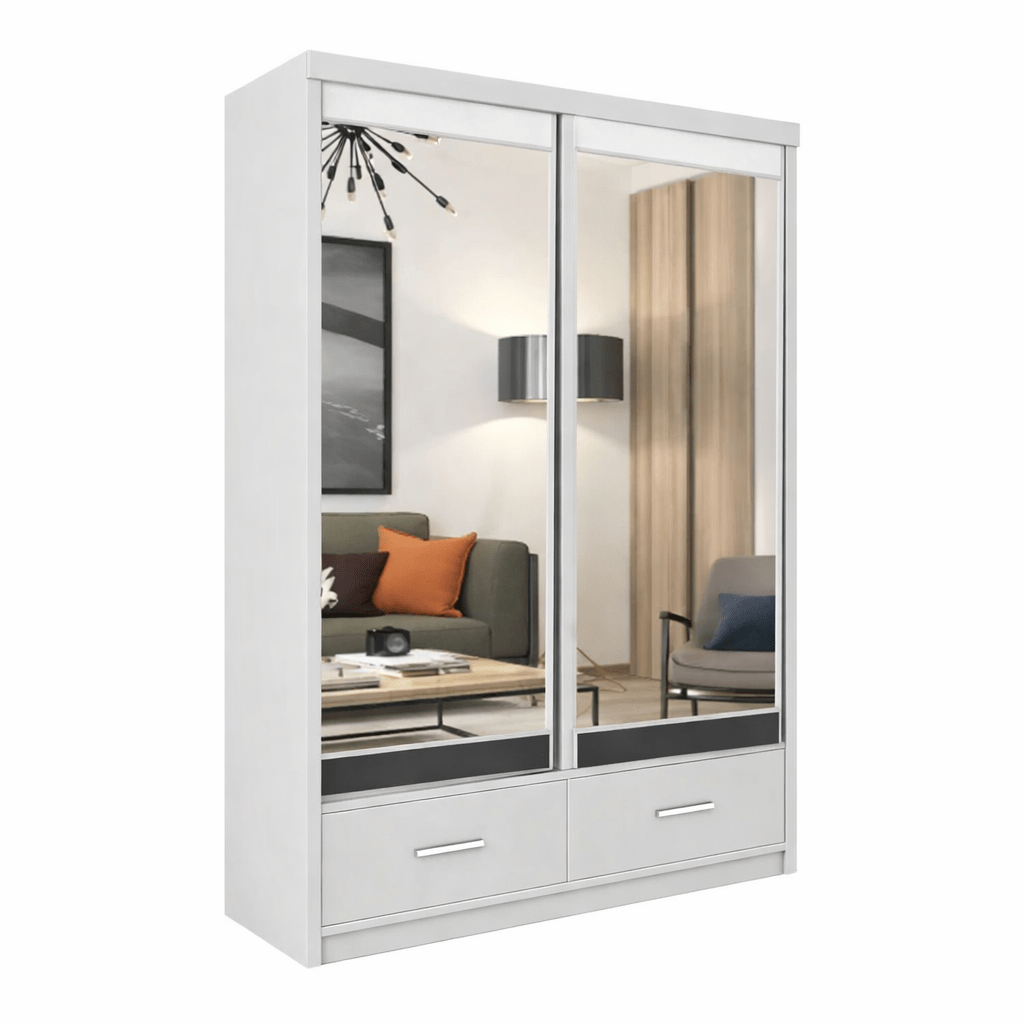 CHOICEWARDROBE Newry 150cm white sliding door wardrobe with mirrored doors and two drawers.