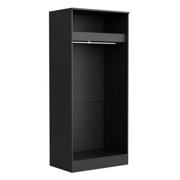 Open black wardrobe with hanging rail and top shelf