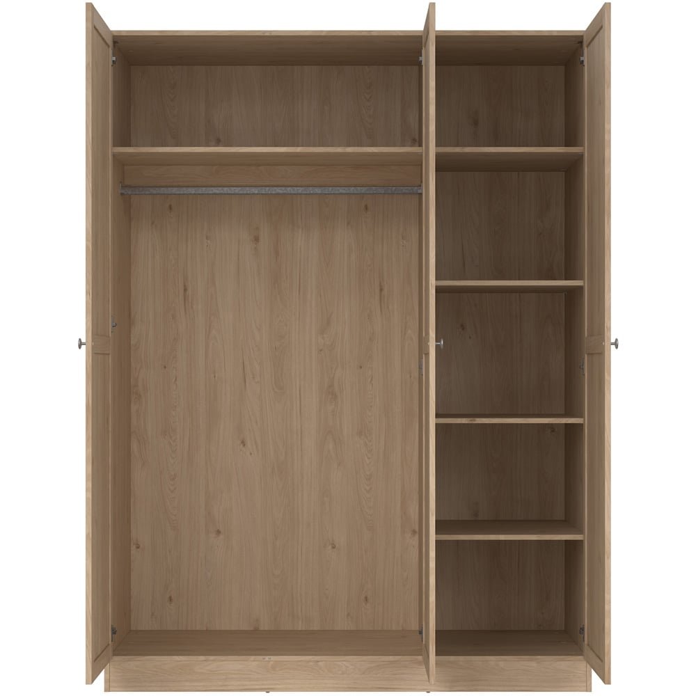 Florence Brande 3 door Jackson hickory oak finish hinged wardrobe with open doors showing hanging rail and shelves.