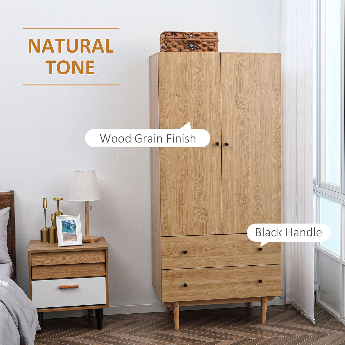 homcom wardrobe with 2 doors 2 drawers hanging rail for bedroom clothes storage organiser 80x52x180cm natural tone