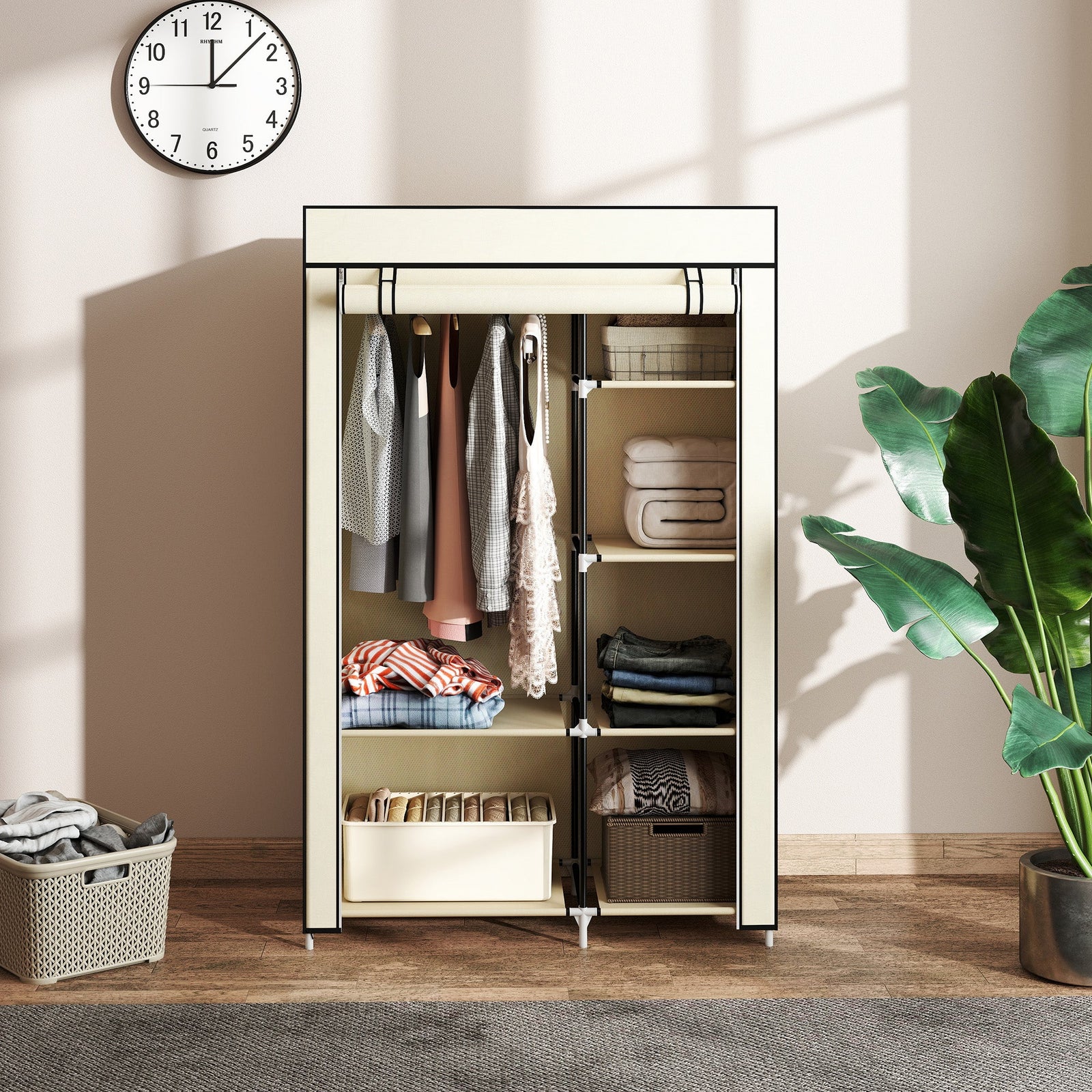 homcom fabric wardrobe portable wardrobe with 6 shelves 1 hanging rail foldable closets 103 x 43 x 162 5 cm cream white