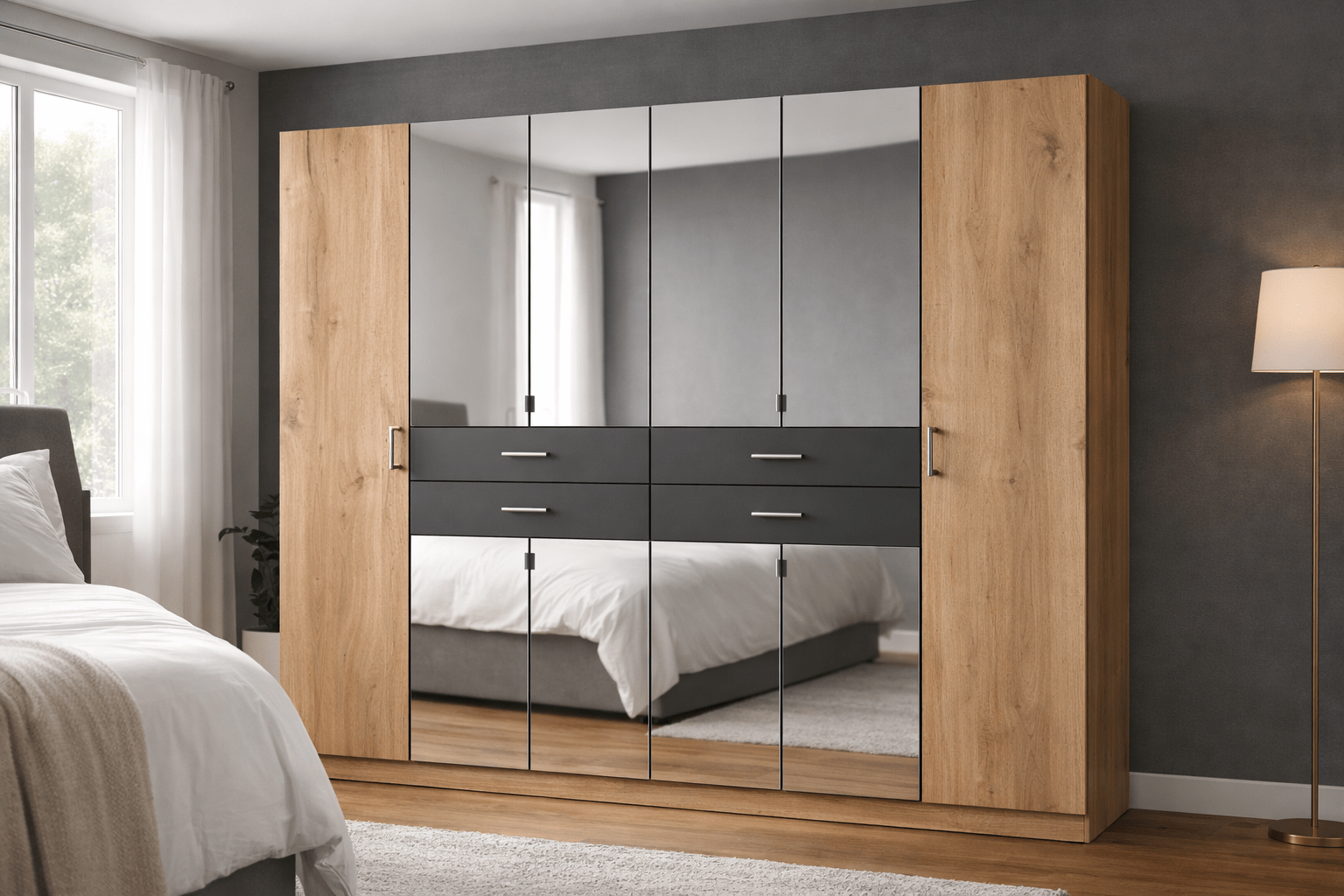 Arvion 6 Door Mirrored Wardrobe, 270cm Wide, Oak and Graphite Finish, Full-Length Mirrors