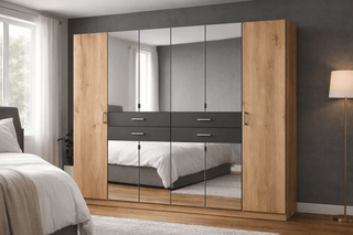 CHOICEWARDROBE Arvion 6 Door Mirrored Wardrobe, 270cm Wide, Oak and Graphite Finish, Full-Length Mirrors