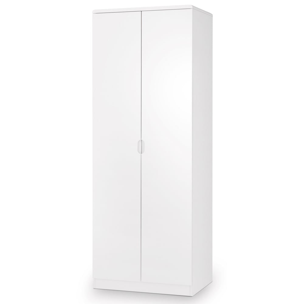 Two-door white high gloss wardrobe with central recessed handles.