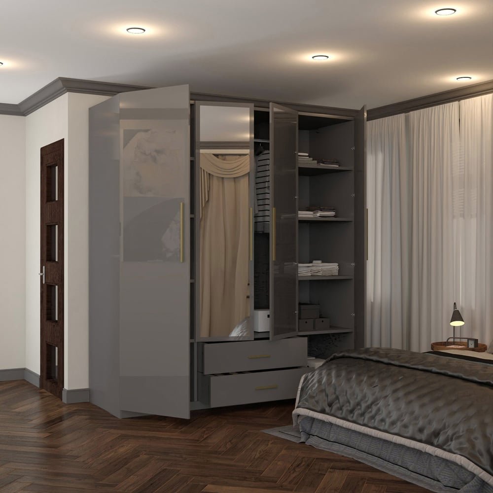 XD1 Grey High Gloss 4 Door 2 Drawer Mirrored Wardrobe, open with shelves visible
