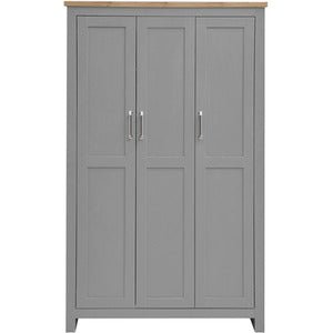 CHOICEWARDROBE Lisbon Grey 3 Door Wardrobe with oak-effect top and silver handles.