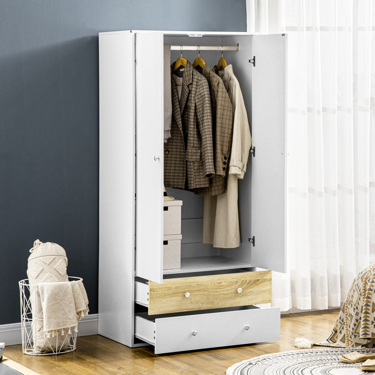 homcom 2 door wardrobe with 2 drawers hanging rod and anti tipping straps for bedroom clothes storage organisation white
