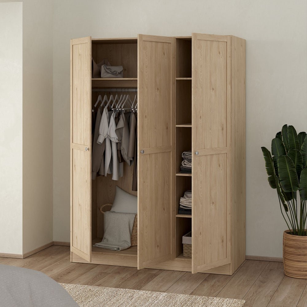 Florence Brande 3 door Jackson Hickory Oak wardrobe with open doors showing hanging rail and shelves.