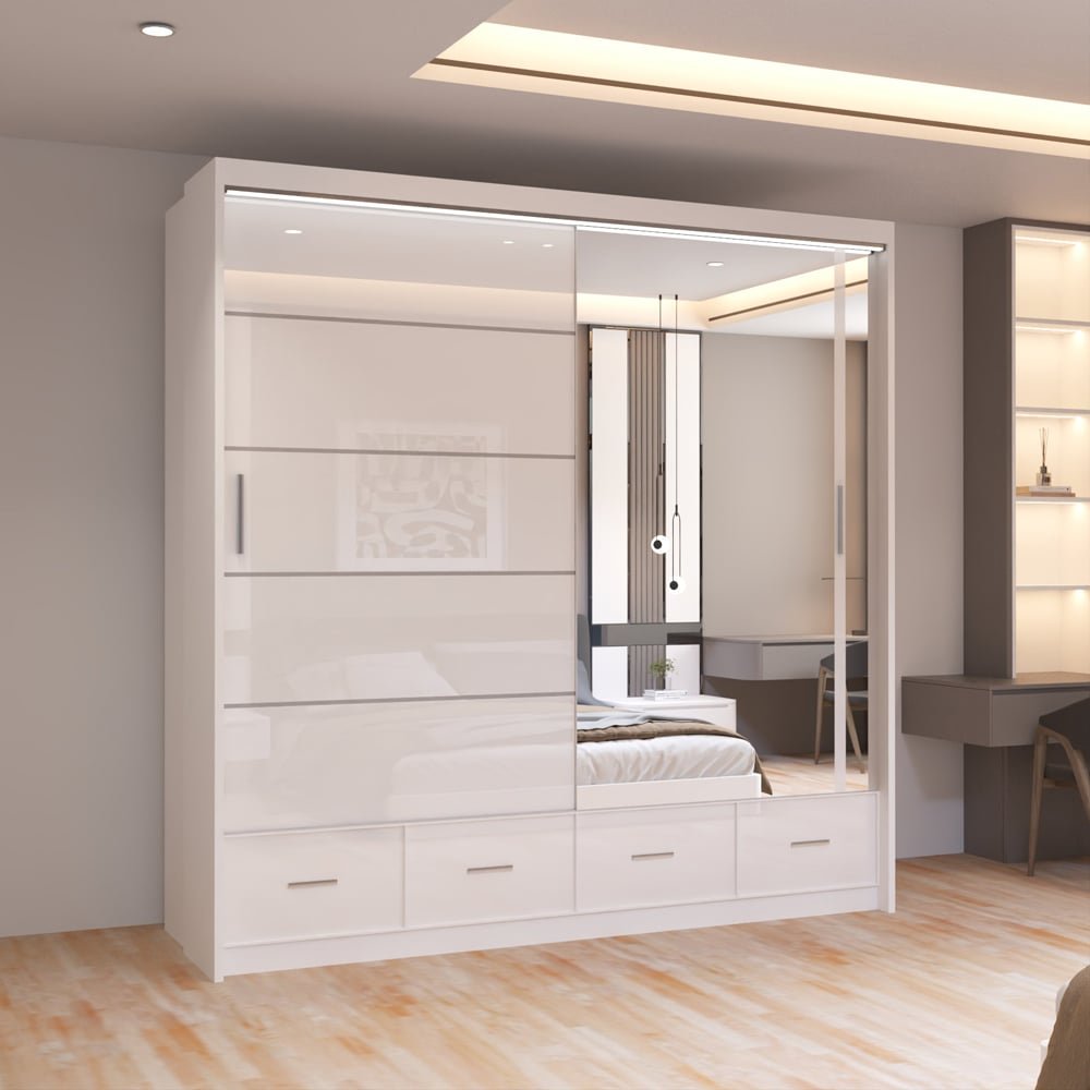 CHOICEWARDROBE Sycylia white high gloss 2-door sliding wardrobe with mirrored centre panel and 4 drawers.