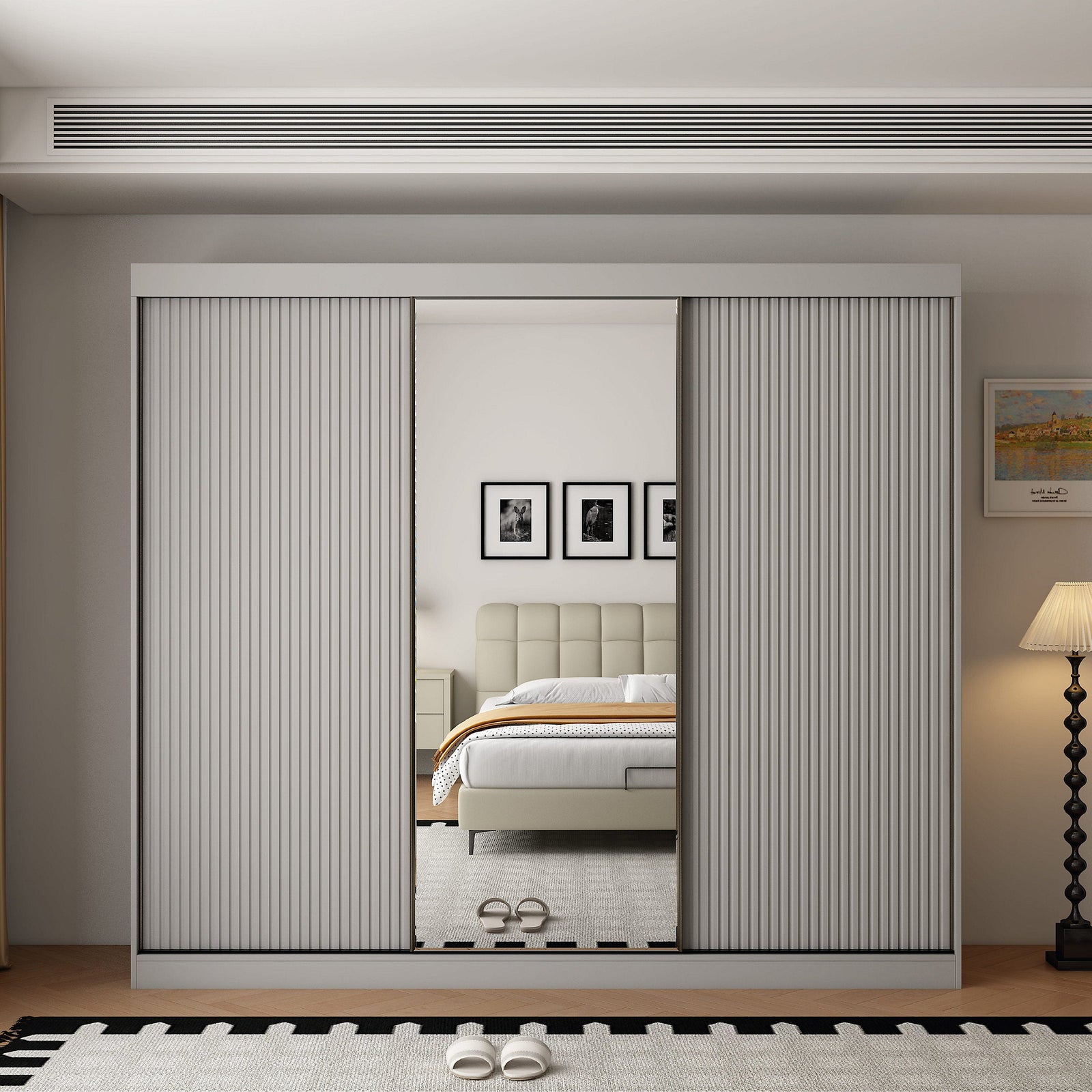 Berlin 250cm light grey 3 door sliding wardrobe with central mirror and fluted panels.