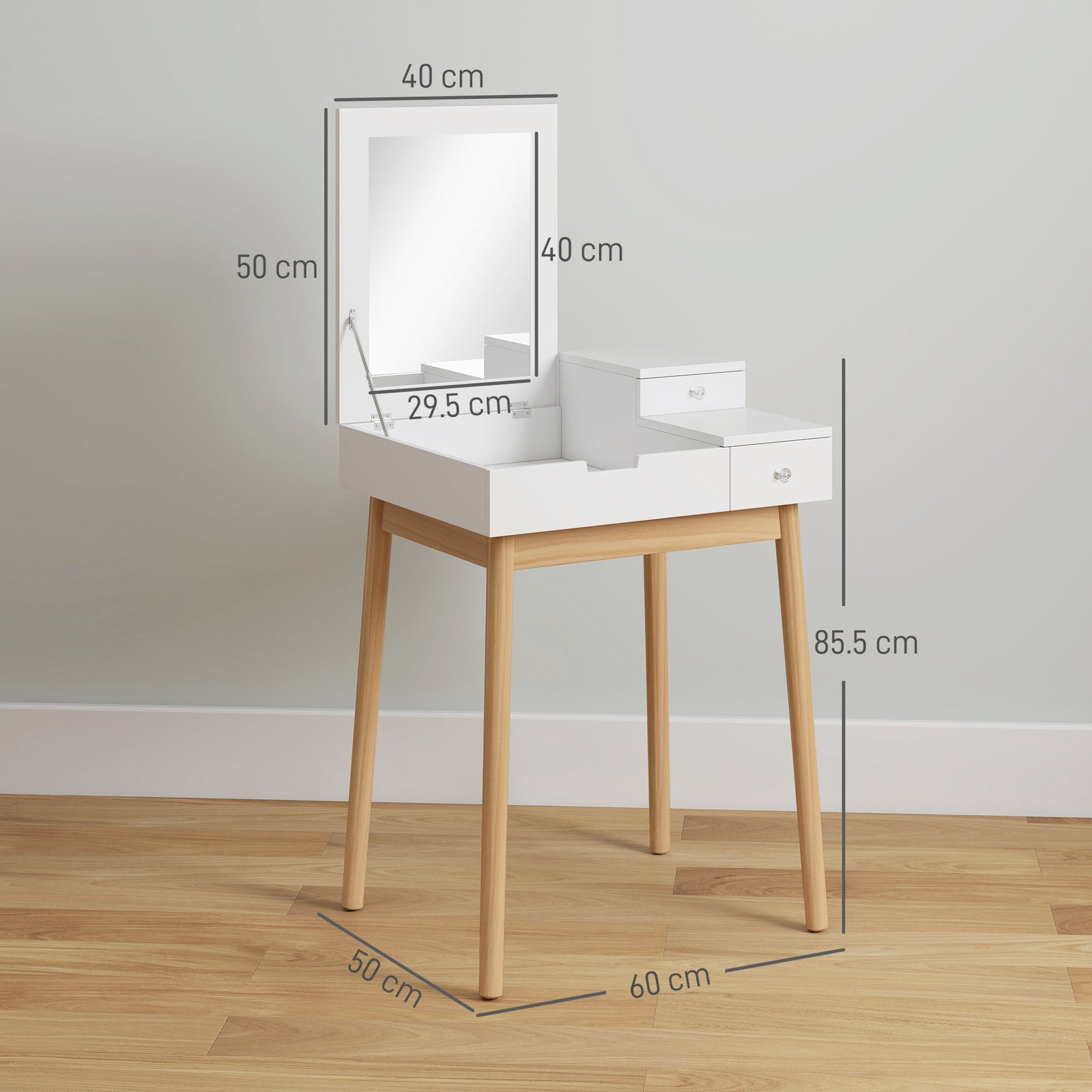 homcom dressing table with flip up mirror makeup desk with 2 drawers and pine wood legs vanity table writing desk for bedroom living room white