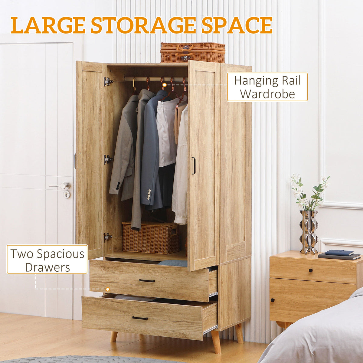 homcom 2 door wardrobe modern wardrobe with 2 drawer and hanging rail for bedroom natural