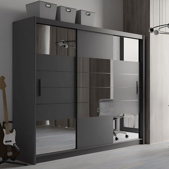 Kinross II graphite 3-door mirrored sliding wardrobe, 250cm wide