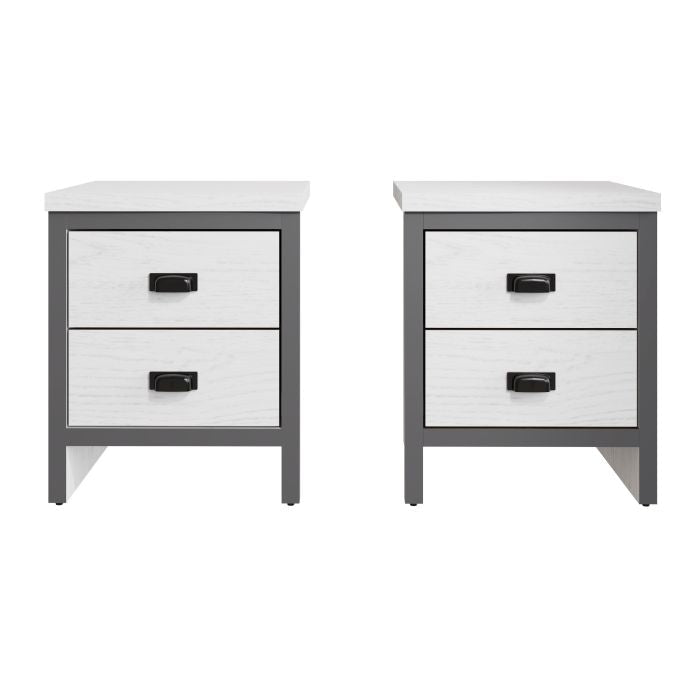 Two white oak effect two-drawer bedside tables with grey frames and black handles