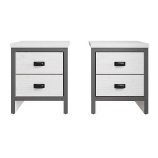 Two white oak effect two-drawer bedside tables with grey frames and black handles