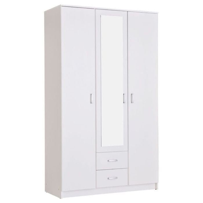 White 3-door wardrobe with mirrored central door and two drawers