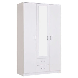 White 3-door wardrobe with mirrored central door and two drawers