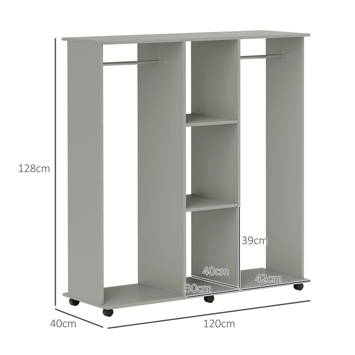 homcom open wardrobe double mobile storage shelves organizer w 6 wheels grey