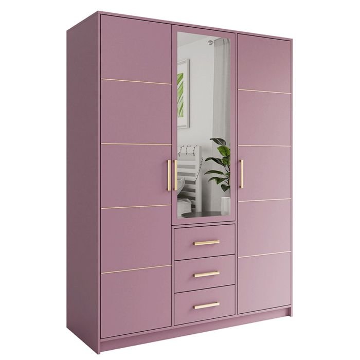 Plum 3-door Barnsley wardrobe with mirror on middle door and gold handles