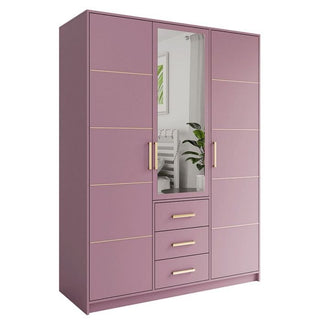 Plum 3-door Barnsley wardrobe with mirror on middle door and gold handles