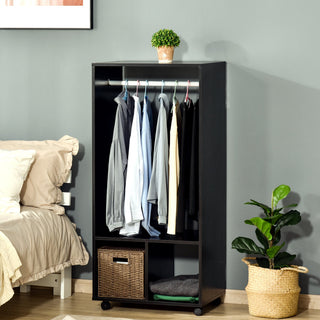 homcom open wardrobe on wheels bedroom wardrobe with clothes hanging rail 2 storage shelves mobile garment rack for cloakroom hallway black