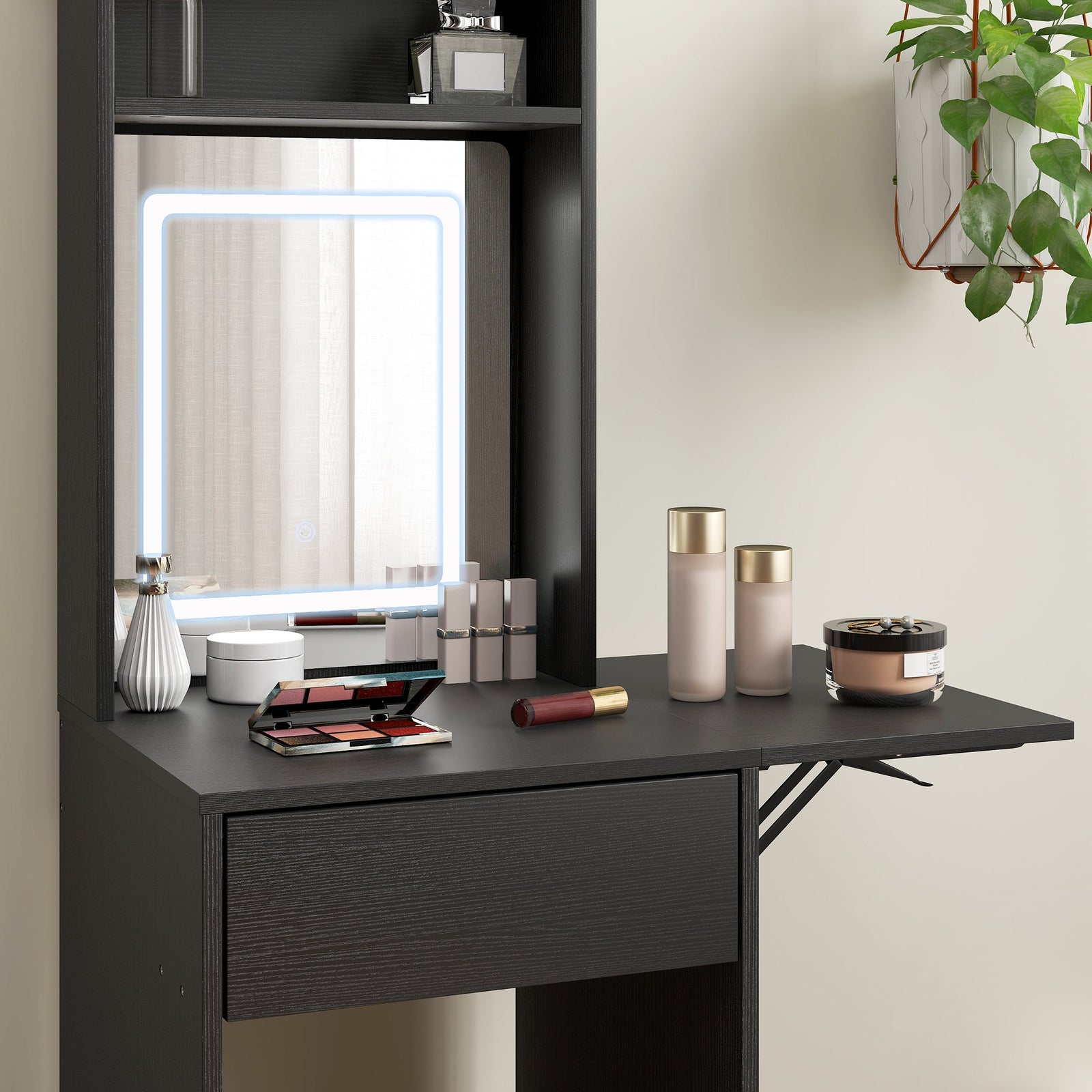 homcom small vanity desk with mirror and led lights compact dressing table with drop leaf open shelves and drawer black