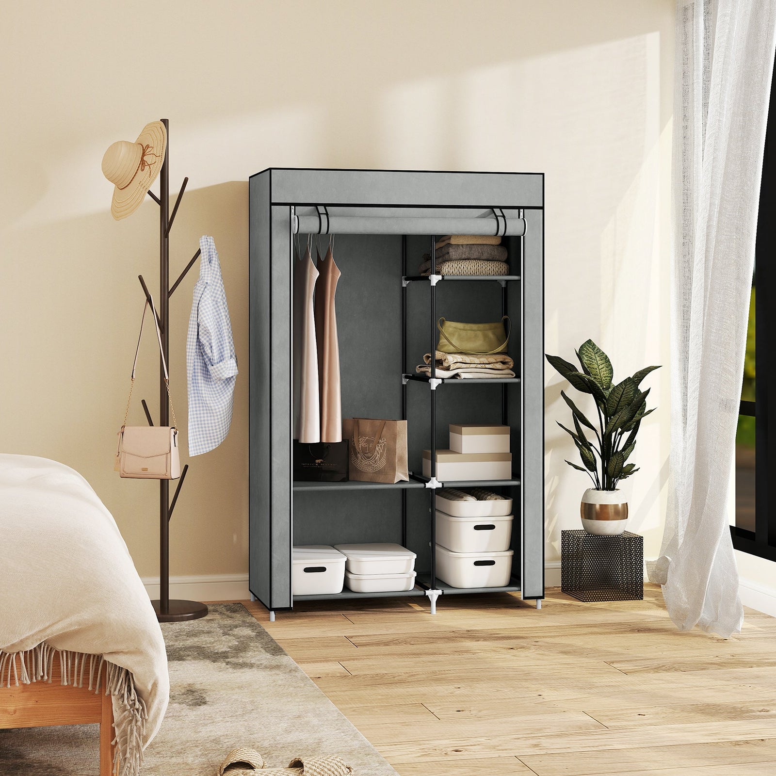 homcom fabric wardrobe portable wardrobe with 6 shelves 1 hanging rail foldable closets 103 x 43 x 162 5 cm light grey