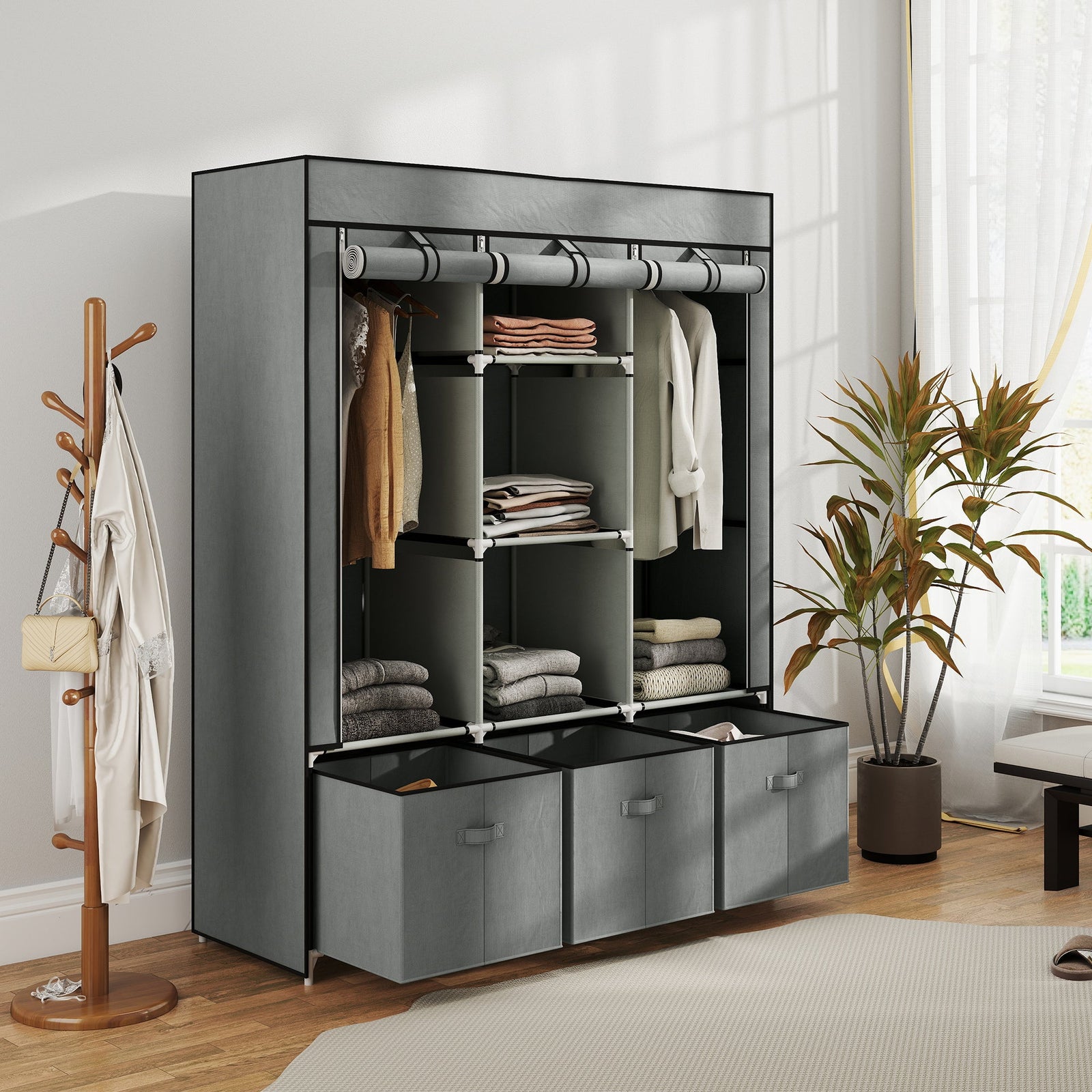 homcom foldable fabric wardrobe for bedroom portable wardrobe with 5 shelves 2 hanging rails and 3 fabric drawers light grey