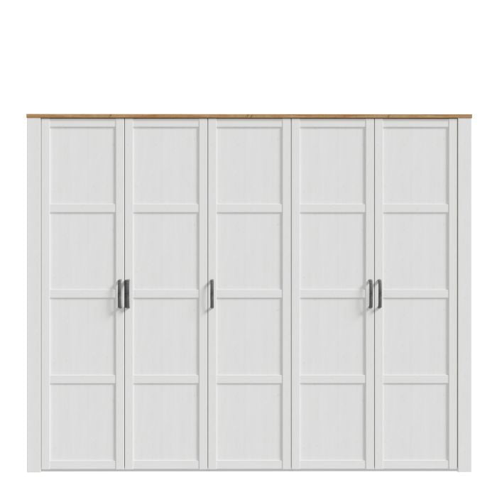 White 5-door BUENOS wardrobe with Riviera oak top