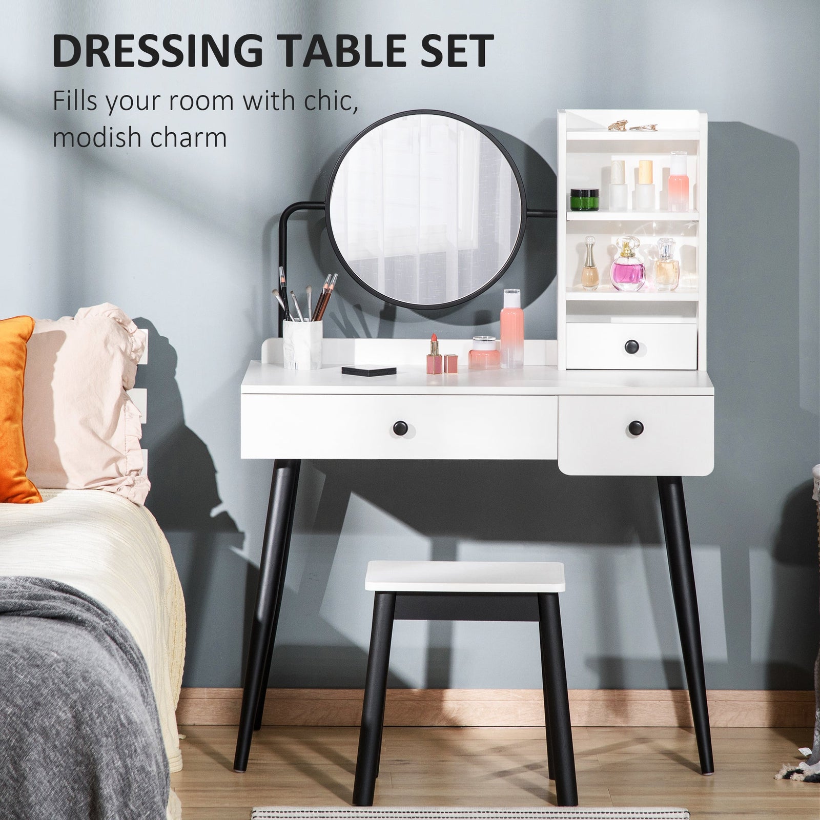 homcom dressing table set with mirror and stool vanity makeup table with 3 drawers and open shelves for bedroom living room white