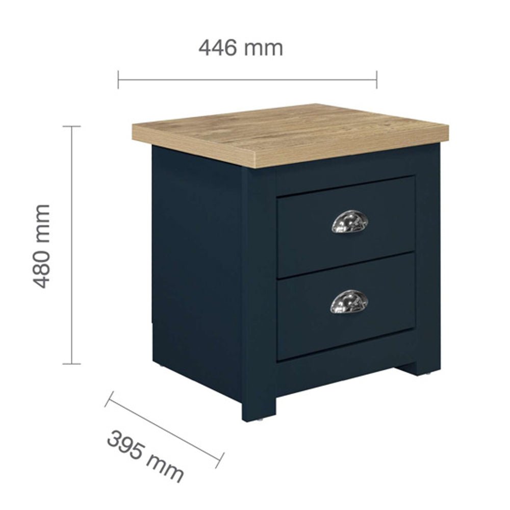 Highland navy blue bedside cabinet with oak-effect top, 2 drawers, silver cup handles. 480mm H x 446mm W x 395mm D.
