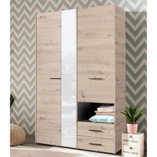 Higham 3 door grey oak wardrobe with mirrored central panel and two drawers.
