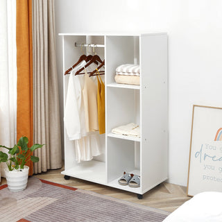 homcom open wardrobe on wheels bedroom wardrobe with clothes hanging rail 3 storage shelves mobile garment rack for cloakroom hallway white