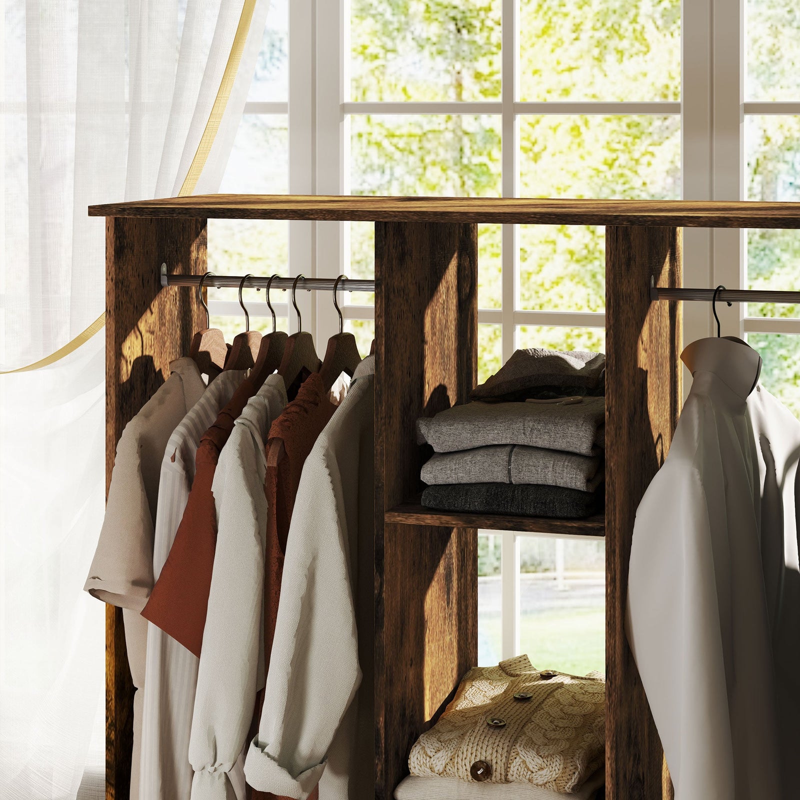 homcom open wardrobe double mobile storage shelves organizer w 6 wheels rustic brown