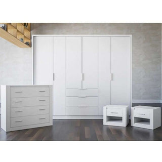 White 6-door Stafford wardrobe set with two drawers, chest of drawers, and two bedside tables.