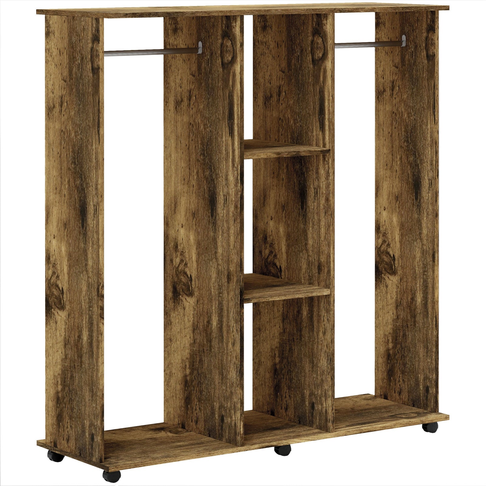 homcom open wardrobe double mobile storage shelves organizer w 6 wheels rustic brown