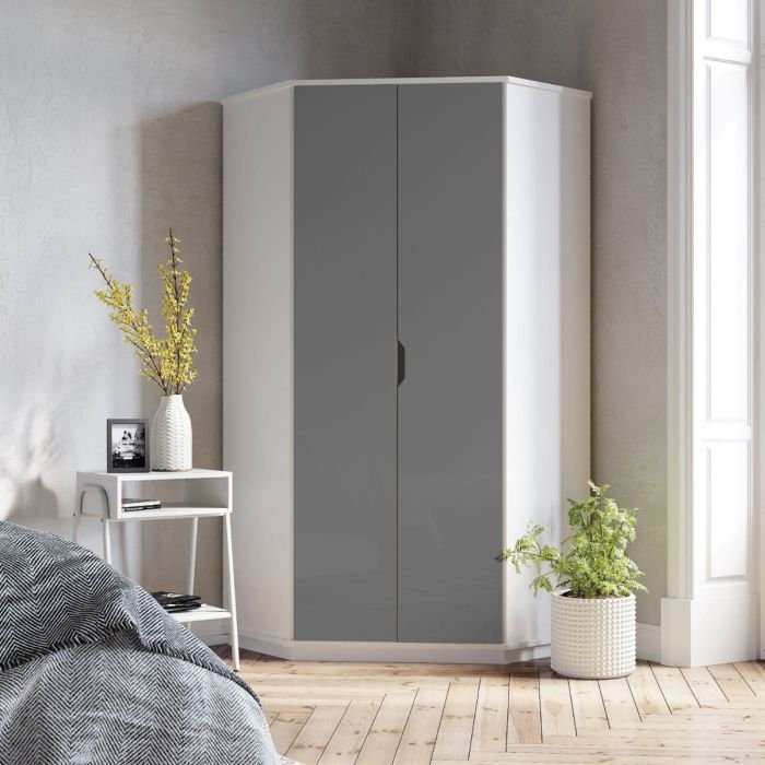 Sarnia 93.5cm corner wardrobe with white frame and grey gloss 2 doors.