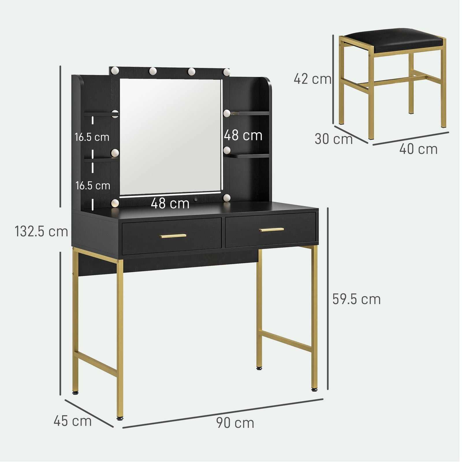 homcom dressing table set with storage and stool black