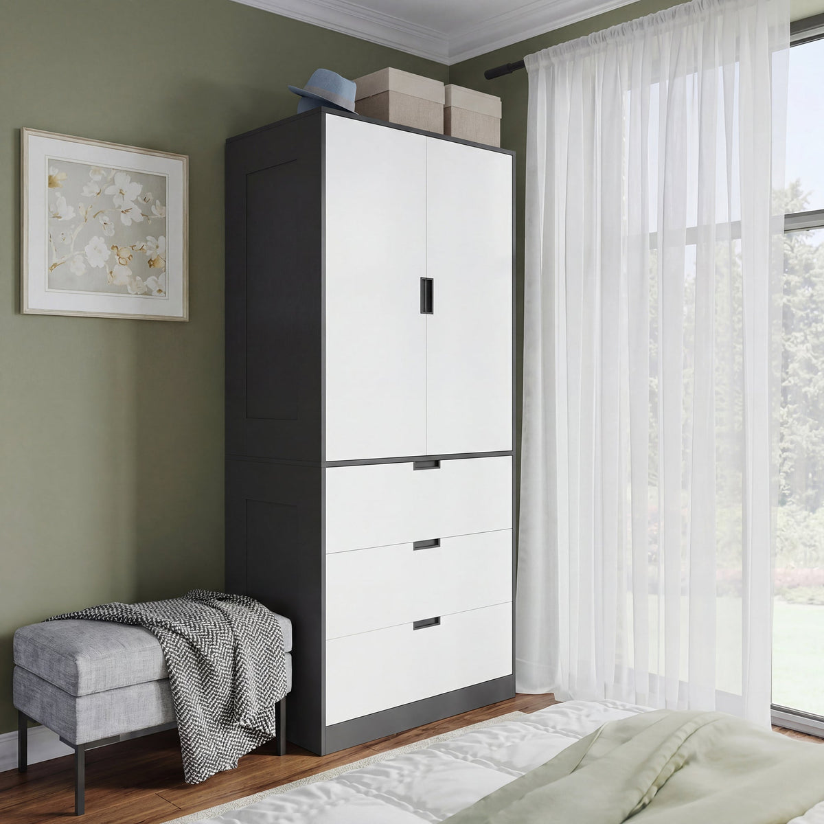 homcom 2 door wardrobe modern wardrobe with 3 drawers and hanging rod for bedroom black