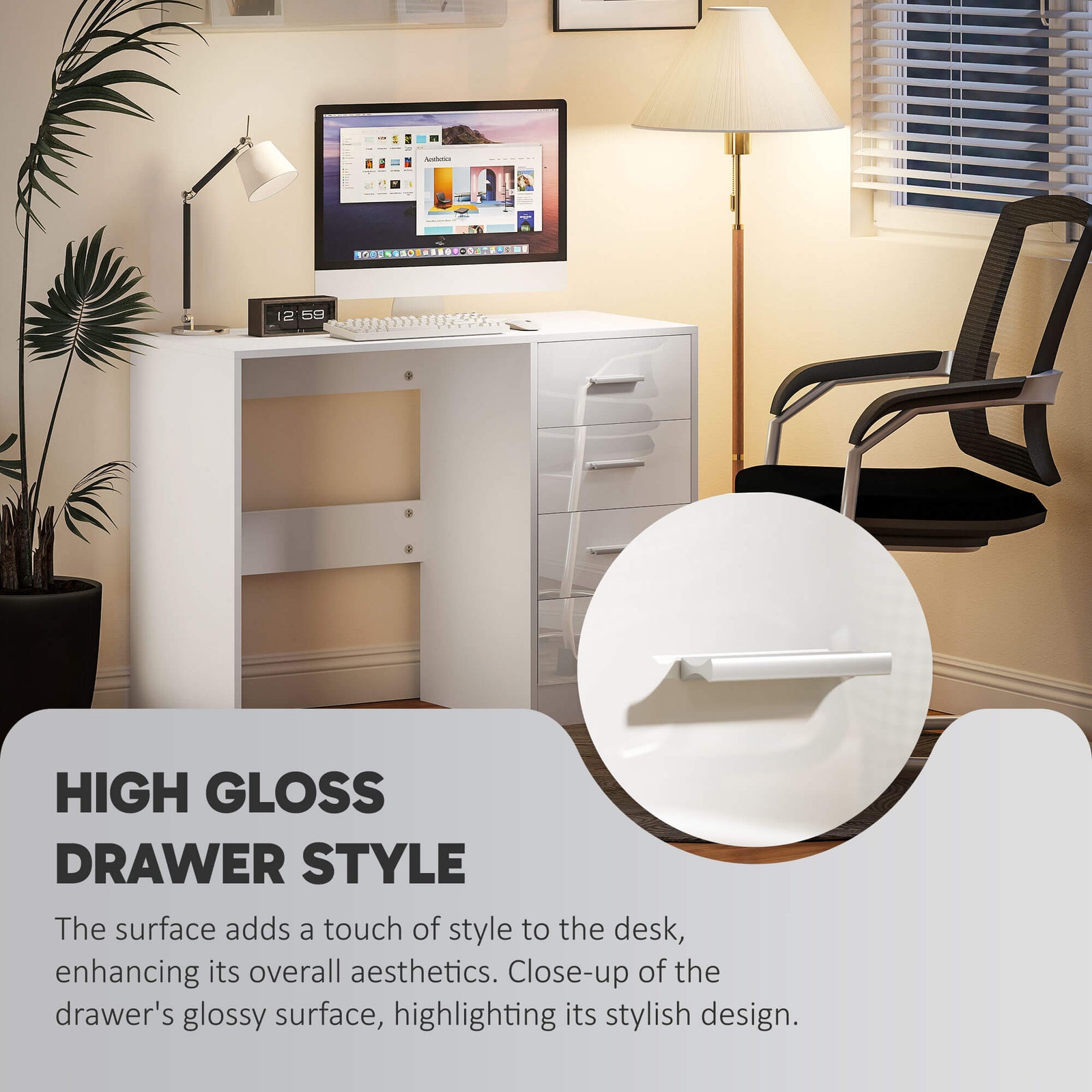 homcom computer desk with drawers dressing table high gloss home office writing workstation white